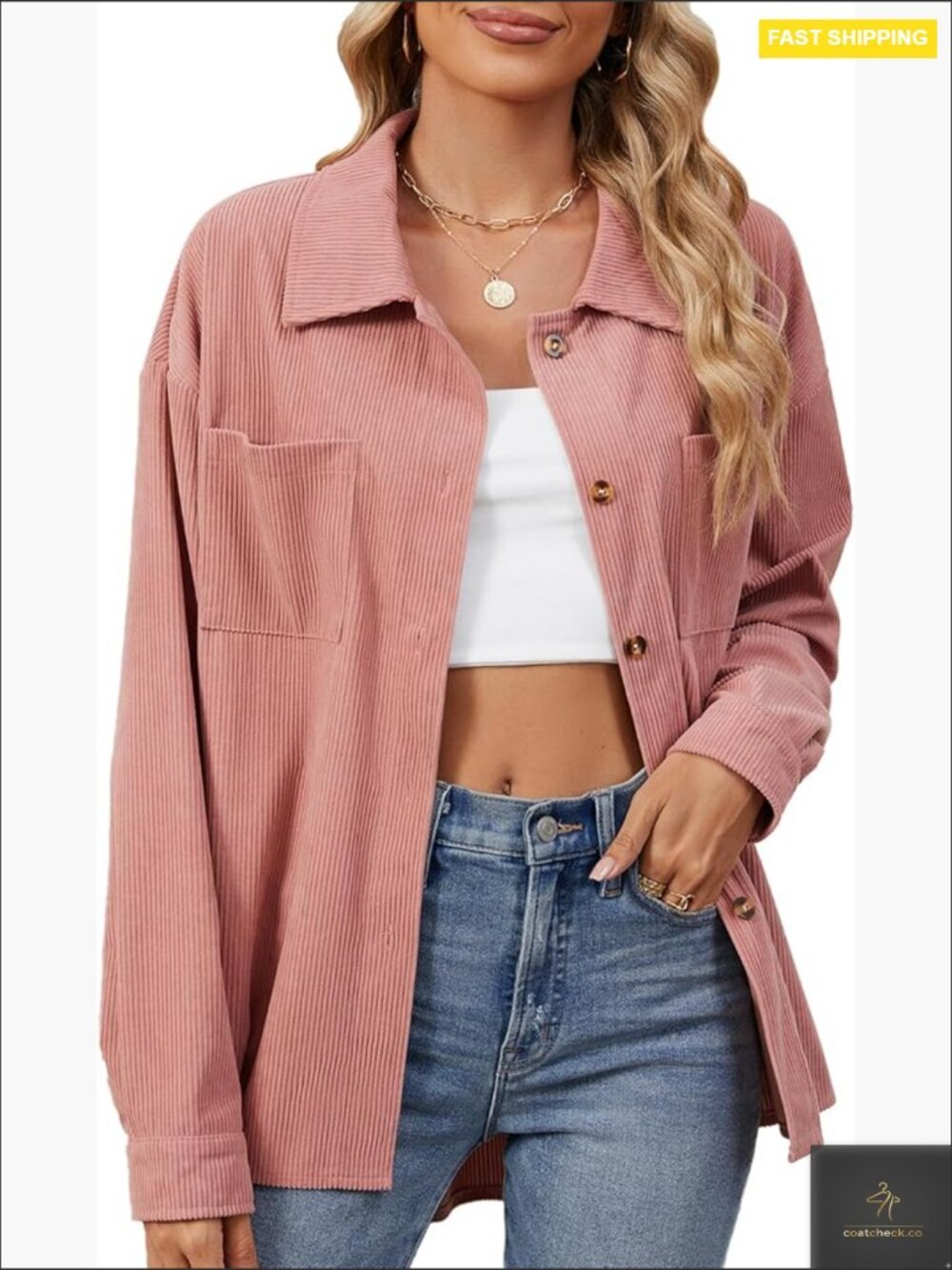Corduroy Button Down Shirt Oversized Shacket Jacket with Pockets Long Sleeve